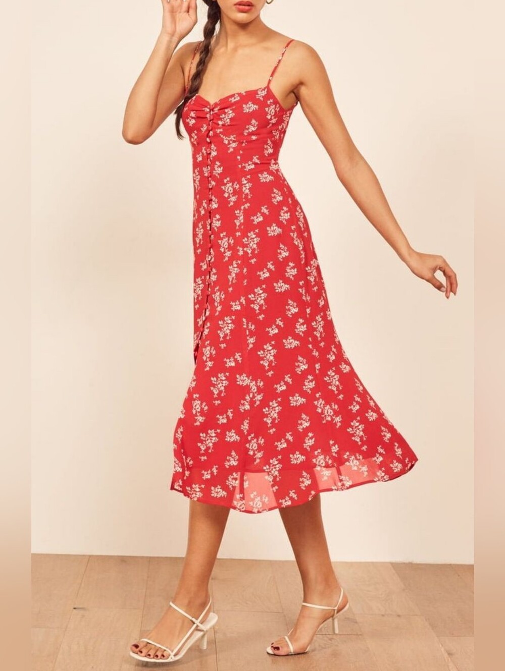 Reformation Cybill Red Floral Print Midi Dress with Spaghetti Straps Size 2